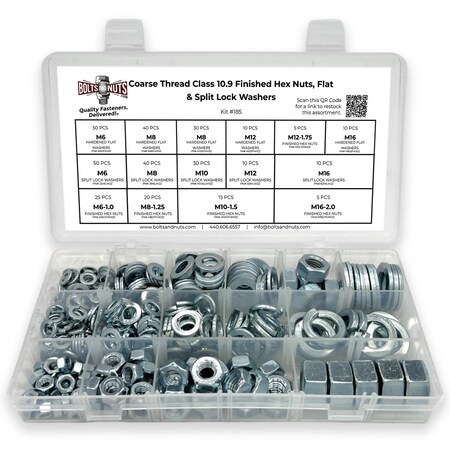 Boltsandnuts.Com Metric Class 10.9 Hex Nut, Flat & Lock Washers Assortment - 351 Pcs Assortment Kit #185